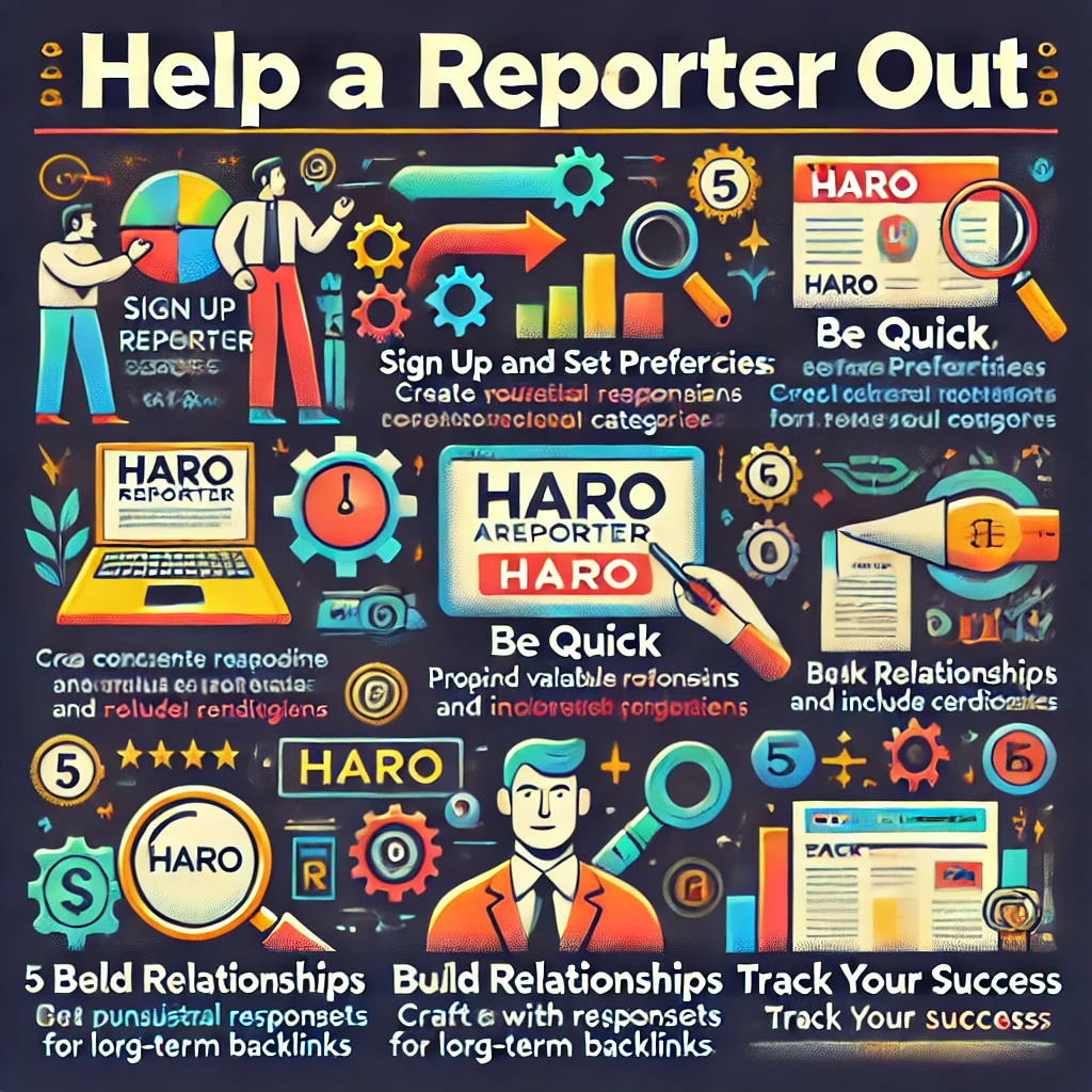 An infographic-style image offering tips on using HARO (Help a Reporter Out) for backlinks and PR. The image should be visually engaging, using icons